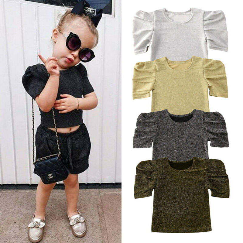 Piger pailletter toppe bluser småbørn børn baby sommertøj kortærmede skjorter 0-5y