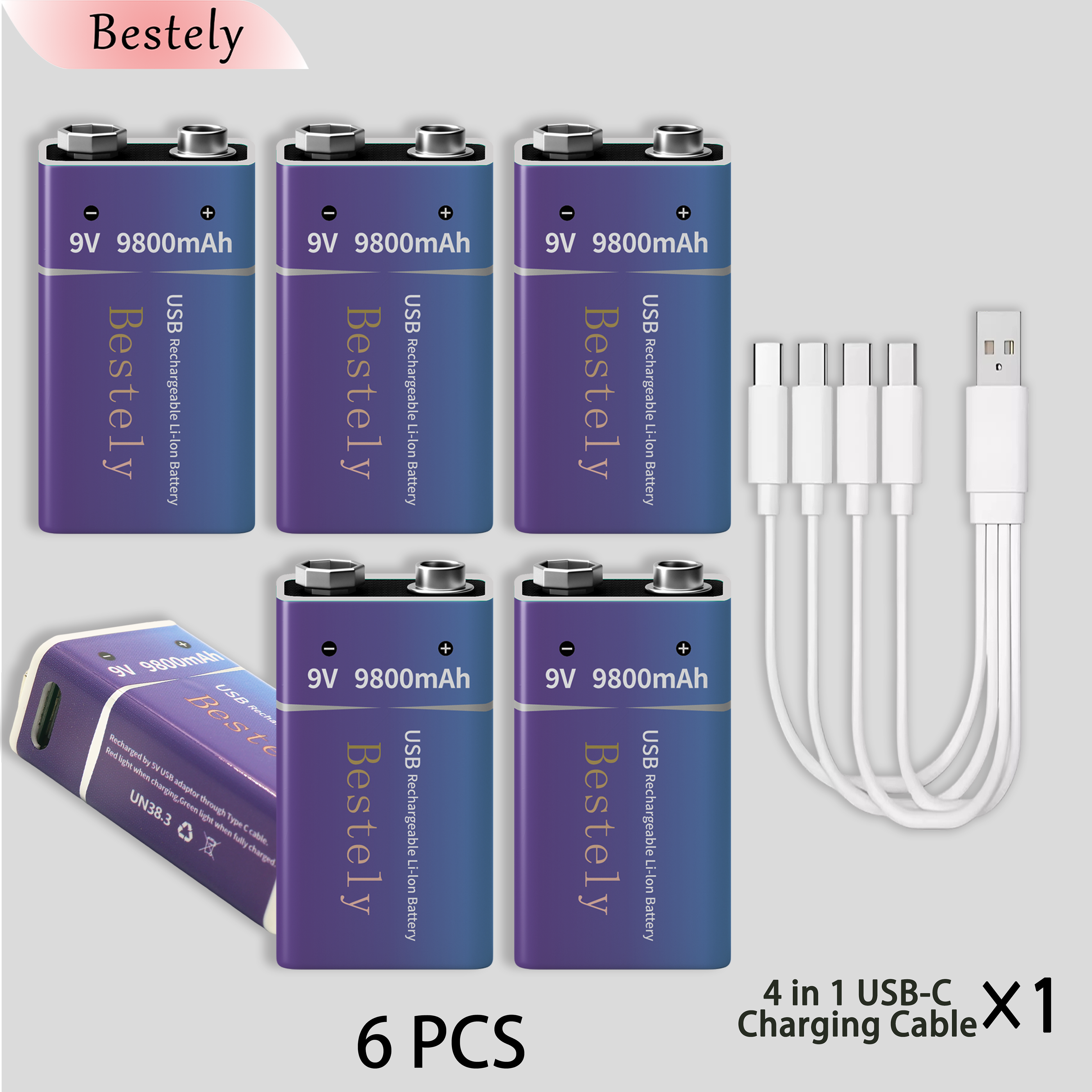 Neue 9V 9800mAh Lithium-Ionen-Akku Langlebige 9v Li-Ion Batterien mit Kabel für Rauchmelder Mikrofon Alarm: Rosa