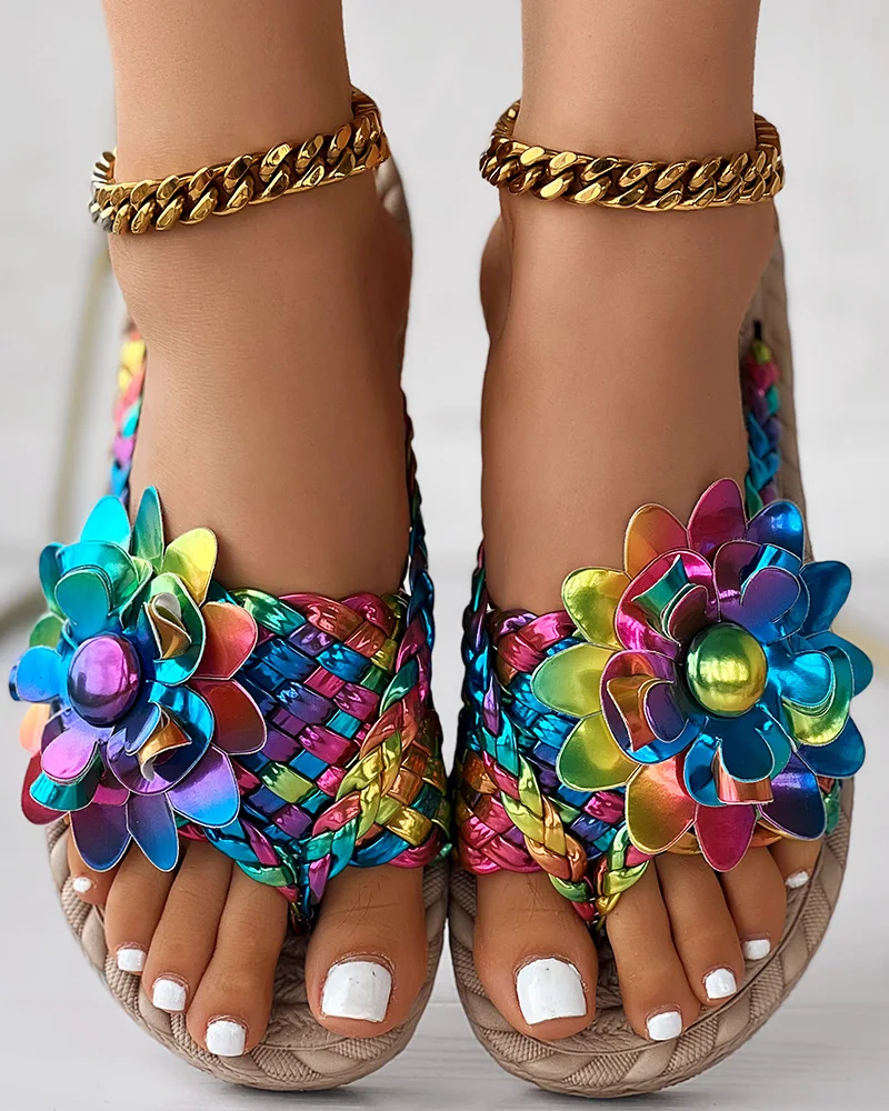 Frauen lässig Schuhe Flache Holographische Geflochtene Blumenmuster Zehen Post Strand kippen-Flops