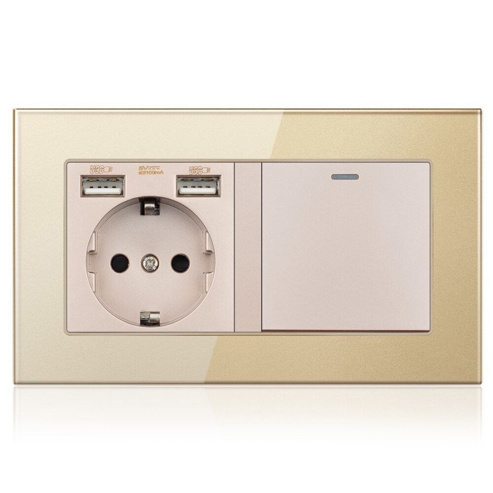 Wall Socket Rocker Push Button Light Switch EU Plug Sockets Electric Outlets 220V 16A Dual USB Charge 146*86 Crystal Glass Panel