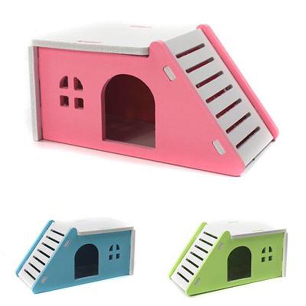 Two Layers Wooden Hamster House Hideout Hut Rat Hideaway Dwarf Hamster Mouse Small Animals Exercise Toys Blue Green Pink