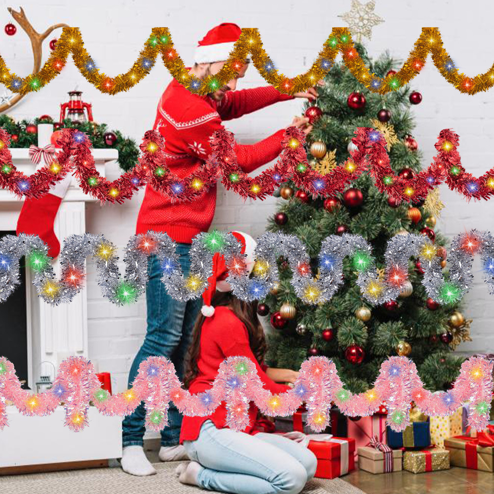 Guirnalda de oropel navideño con 50 luces LED, decoraciones gruesas metálicas brillantes para interiores/exteriores, para fiestas navideñas, 1 ud.