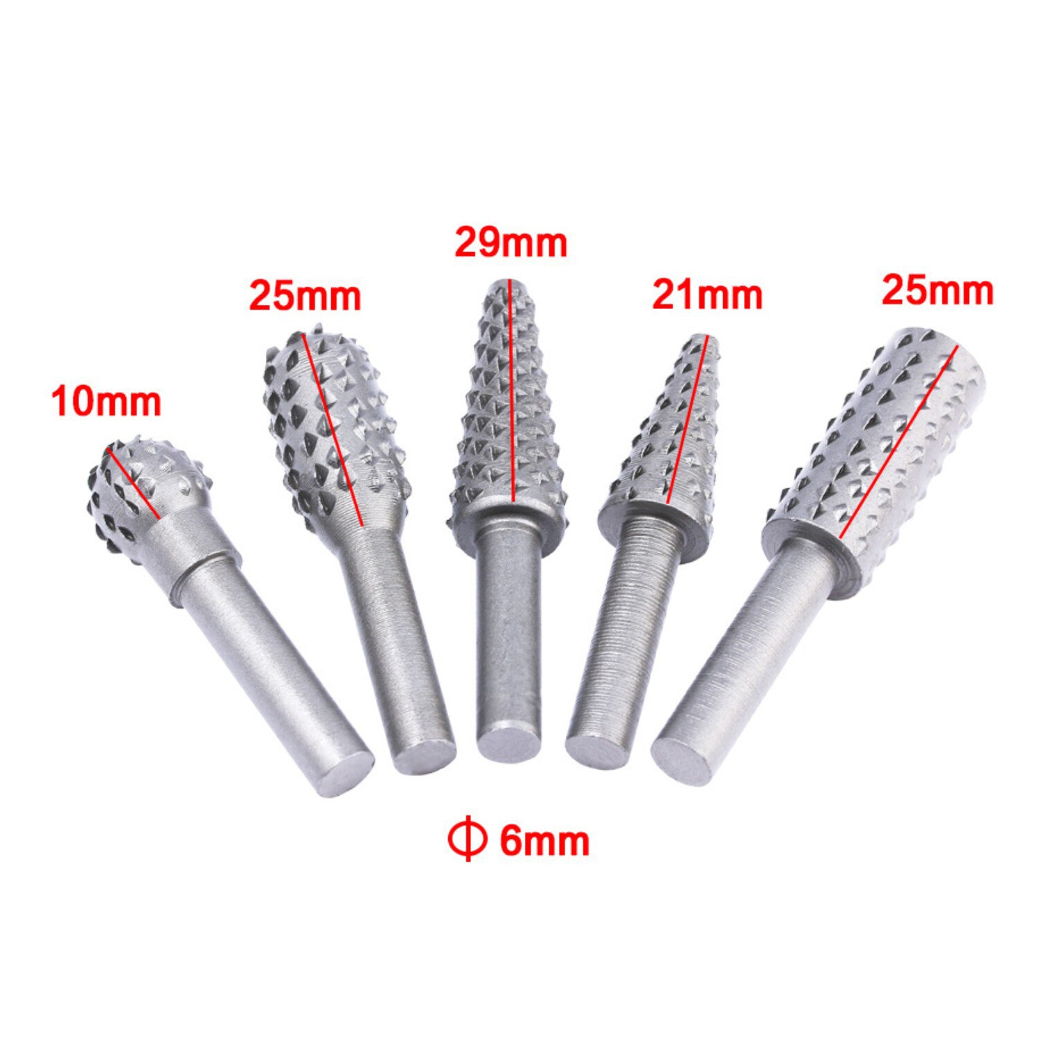 5pcs Woodworking Steel Rotary Rasp File 1/4" Shank Rotor Craft Files Rasp Burrs Wood Bits Grinding Power Carving Hand Tool