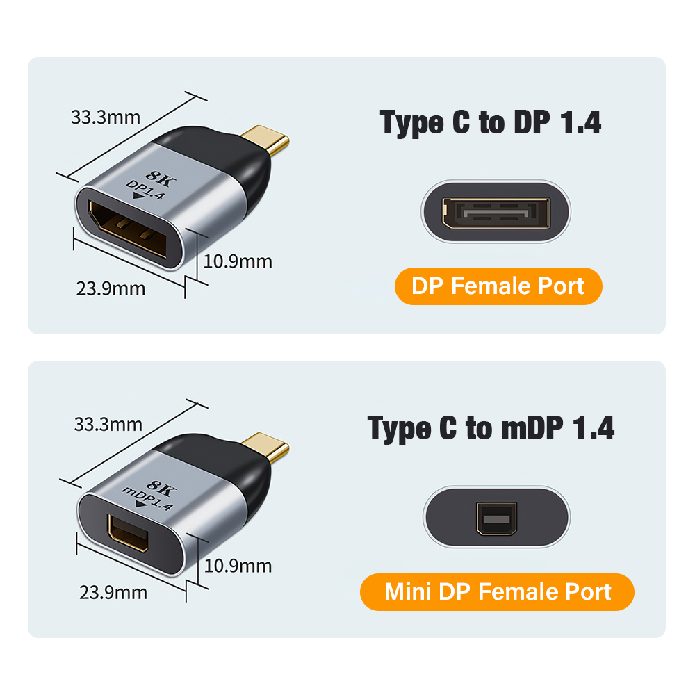 Adaptateur USB 3.1 Type C vers HDMI/DP 1.4 /VGA/miniDP plaqué or, convertisseur de prise de Projection 4K/8k 60Hz USB C mâle vers femelle, vidéo HD