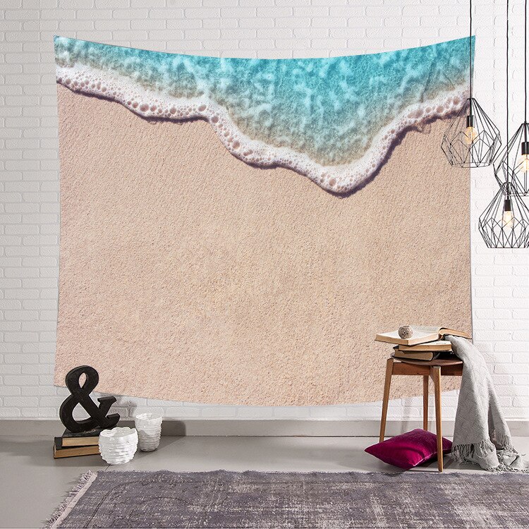 Tapisserie mer soleil océan plage tenture murale eau paysage plage décor bleu nuage bleu mousseux à la main polyester couverture