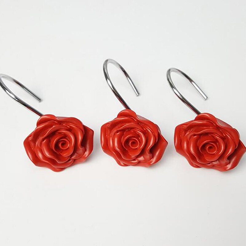 Useful 12pcs Rose Flower Resin Shower Curtain Hook Hand Crafted Decorative Shower Curtain Track Hooks Bathroom Room: red