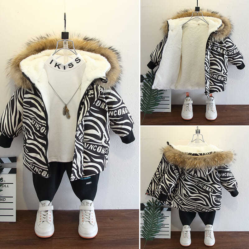 Winter Parka 2-7Y Baby Boys&#39; Cotton Padded Clothes Plus Velvet Thickened Fur Collar Hooded Long Warm Jacket For Children&#39;s Coat