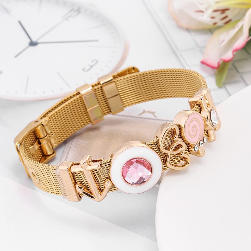Baopon roze lolly schuifbedelarmband voor dames en kinderen, roestvrij staal, hart-tot-hart mesh armband, armbanden, sieraden