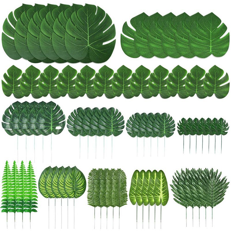 103 stykker 12 slags kunstige palme blade med stilke jungle blade dekorationer til fest dekorationer: Default Title
