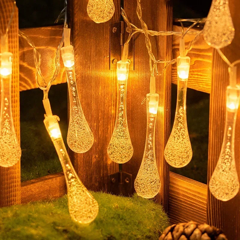 Guirnalda de luces LED con gotas de agua y batería, guirnalda impermeable para decoración exterior, luces Fariy, Navidad, boda, jardín, habitación: Morado / 6-10 W
