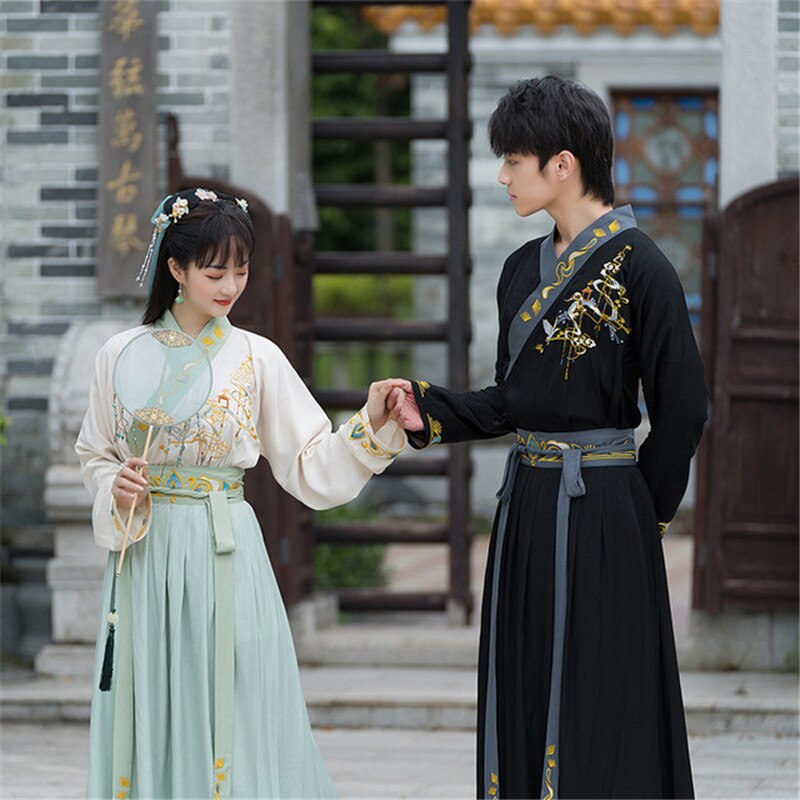 Disfraz de Hanfu Oriental para hombres y mujeres, traje Oriental bordado con falda y espadachín