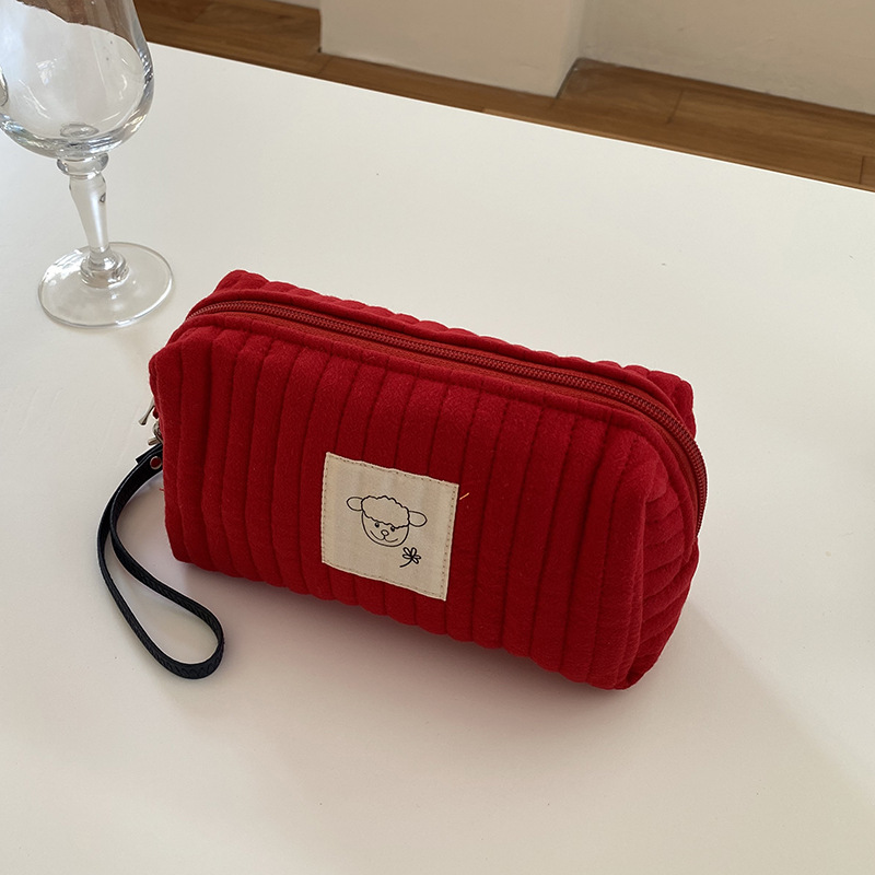 Koreaanse gewatteerde make-uptas voor dames, make-up opbergtas, draagbare toilettas, effen kleur, dames beautycase, etui voor benodigdheden: Rood