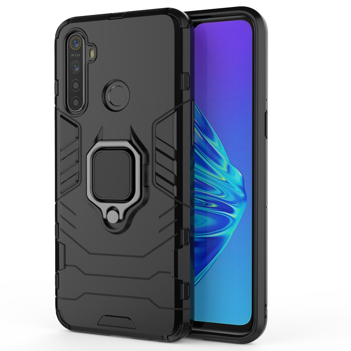 Hybrid Rugged Armor For OPPO REALME C3 Case Kickstand With Metal Finger Ring Shock Proof Cover For OPPO Realmi C3 Phone Cases: Black