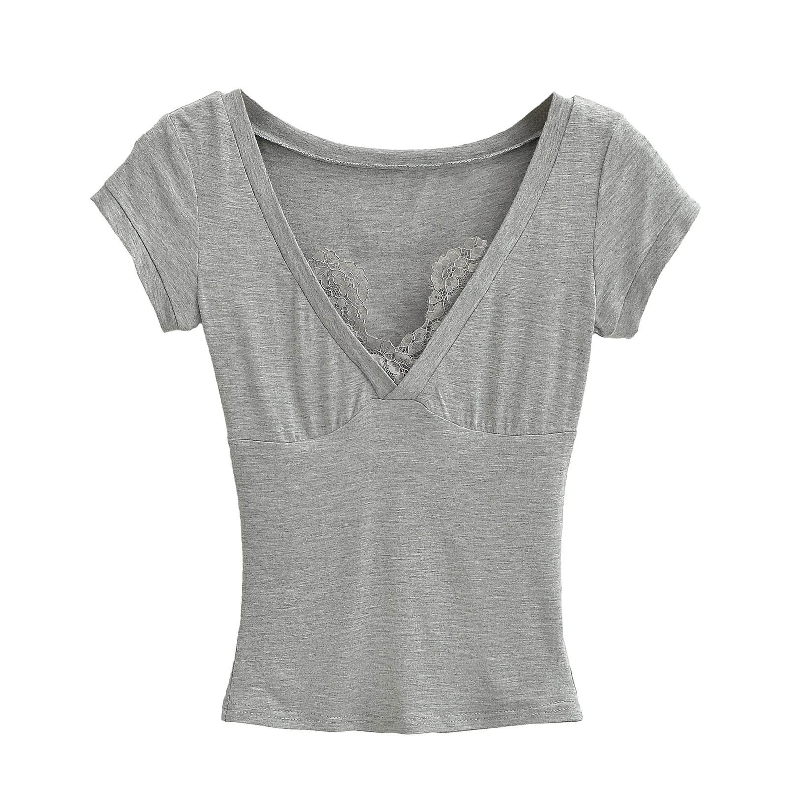 Spitze V-Ausschnitt Sommer Ernte Spitzen Frauen Kurzarm Spitzen sexy Unterseite ing Blusen T-Shirt: S / Grau