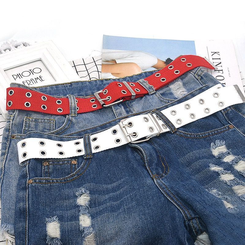 Wide Canvas Belts Casual Double Hollow Hole Buckle Belt Adjustable Solid Color Waist Strap For Women Men Students Jeans