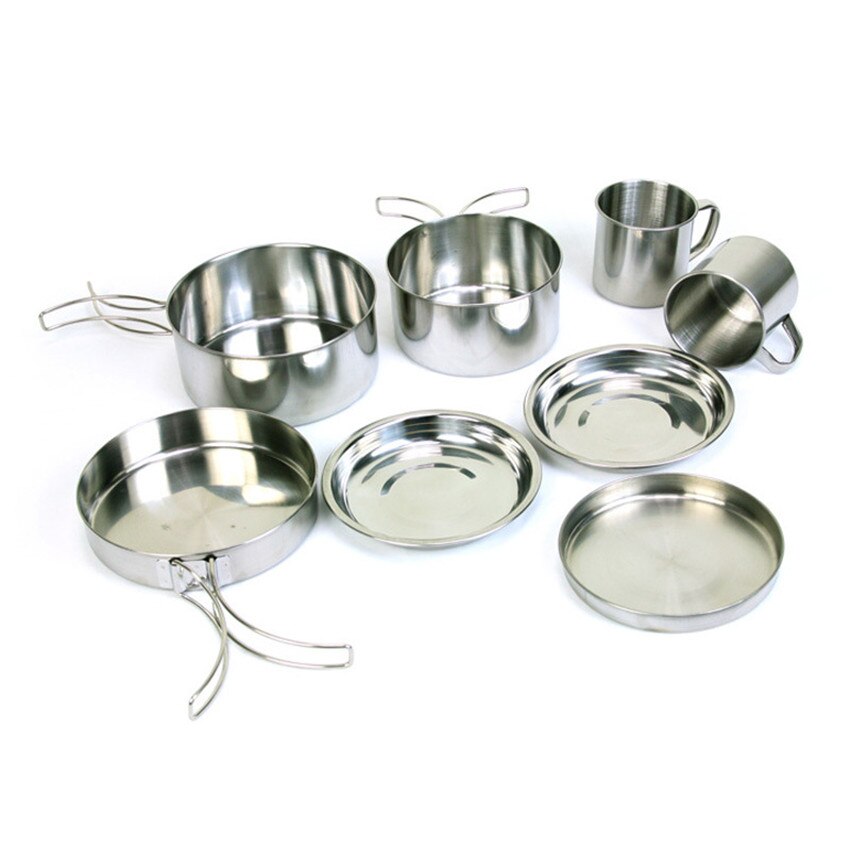 8Pcs Stainless Steel Outdoor Picnic Pot Pan Kit Plate Bowl Cup Pan Cover Cooking Set Camping Hiking Backpacking Cookware: Default Title