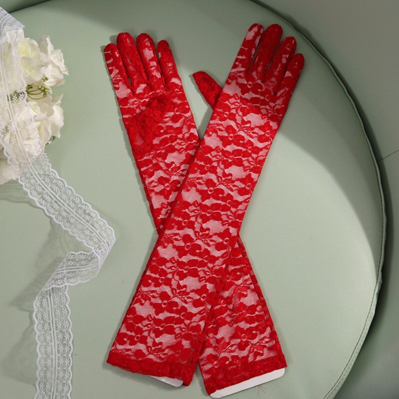 Gants transparents en dentelle de 50cm pour femmes, longs, noirs, rouges, blancs, roses, violets, printemps, mariée, gants Sexy, mitaines: Red