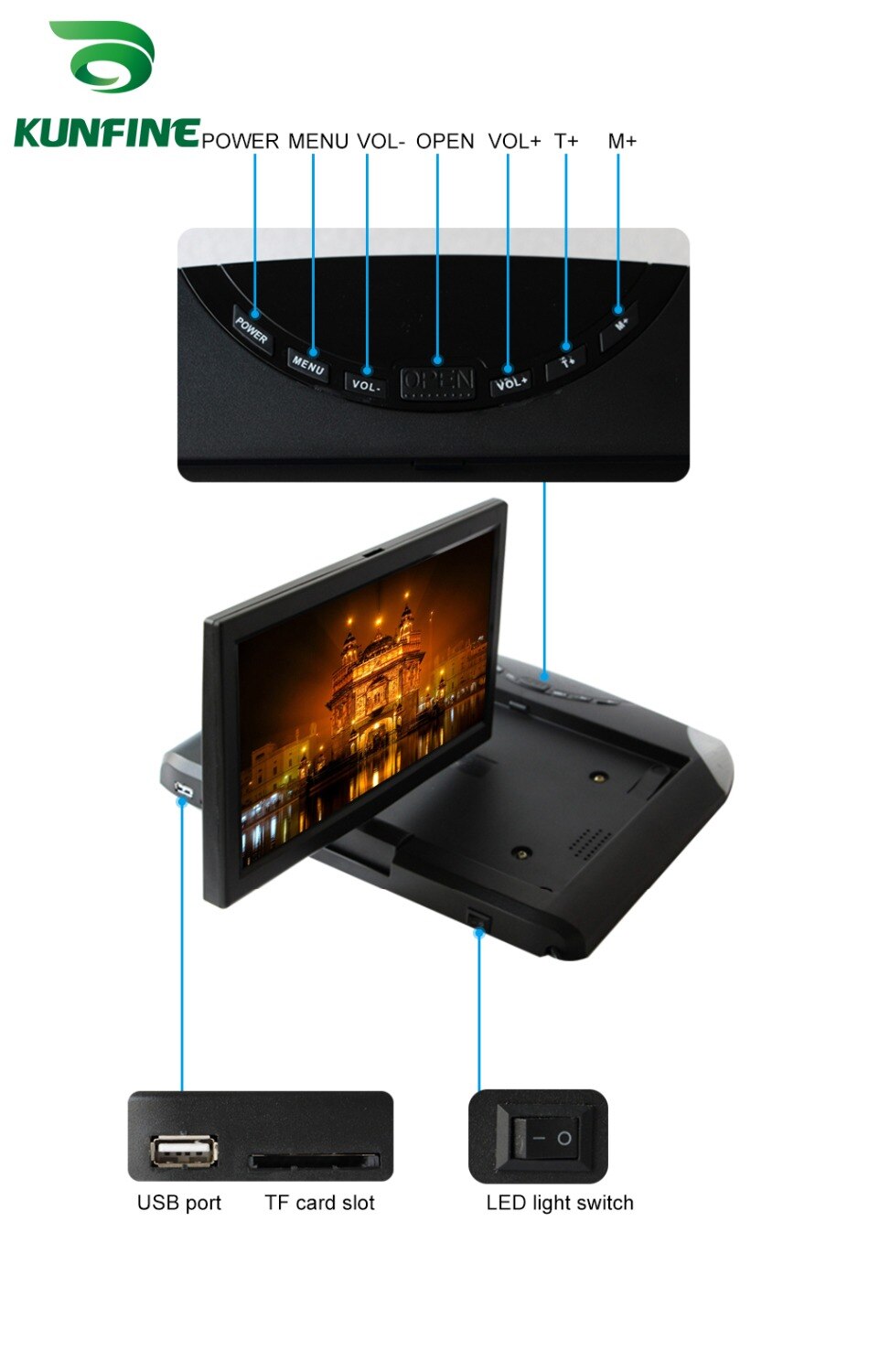 KUNFINE 10.1 INCH Car Roof Monitor LCD Flip Down Screen Overhead Multimedia Video Ceiling Roof mount Display