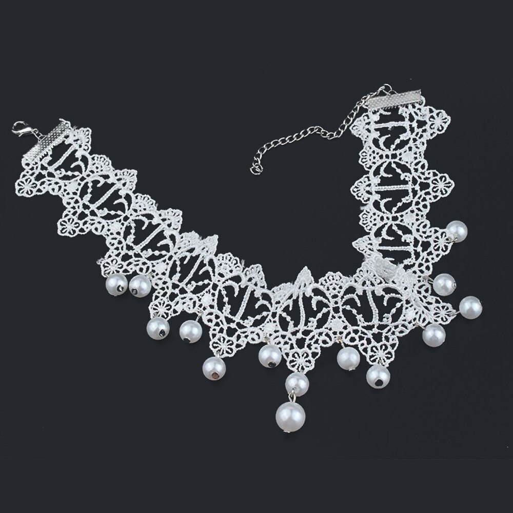 Collar de perlas de encaje de estilo maduro Sexy, Gargantilla de perlas de encaje blanco, Collar ajustable hecho a mano, ancho hueco,