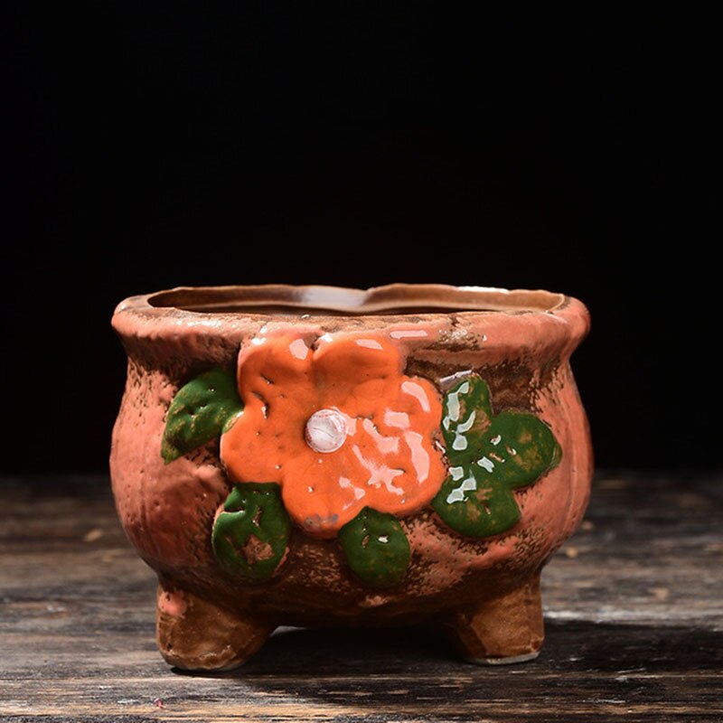 Ceramic Flowerpot Coarse Poterry Floral Pattern Fleshy Plant Pot Breathable Vase Office Desktop Ornaments Garden Decor: 7x6.5cm