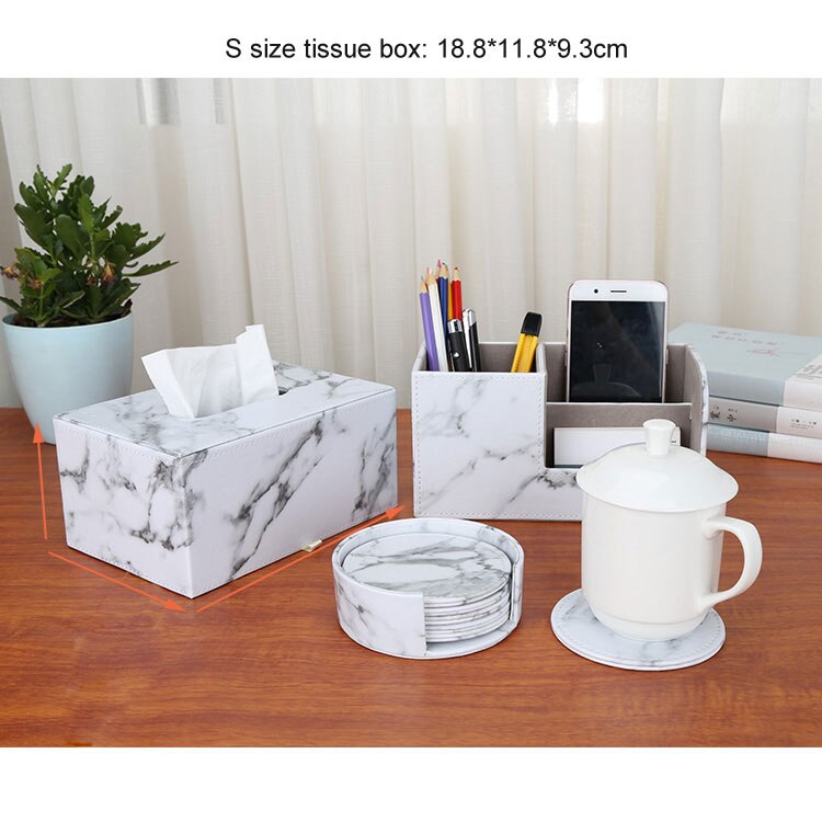 Kontorartikler marmor pu læder skrivebord arrangør sæt pen holder opbevaringsboks tissuekasse cup coaster 3 stk / sæt: T023 s