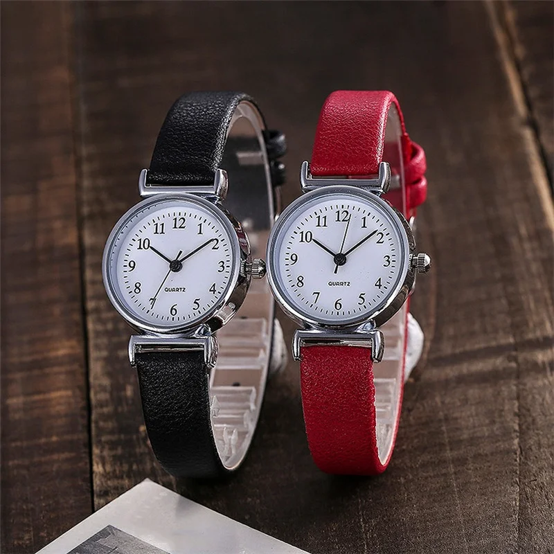 Klassieke dameshorloges Zwart Rood Casual quartz lederen band Bandhorloge Retro ronde analoge klokhorloges voor dames