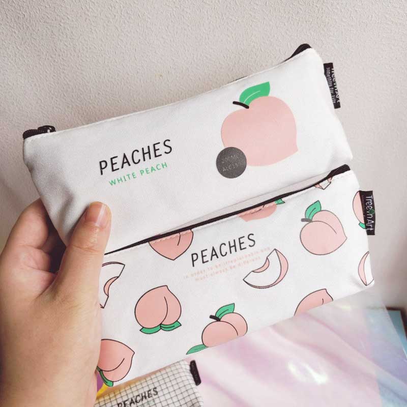 Kawaii Canvas Pencil Case Fruit Peach Pink Girls for School Pencil Box Pencilcase Pencil Bag School Supplies Stationery