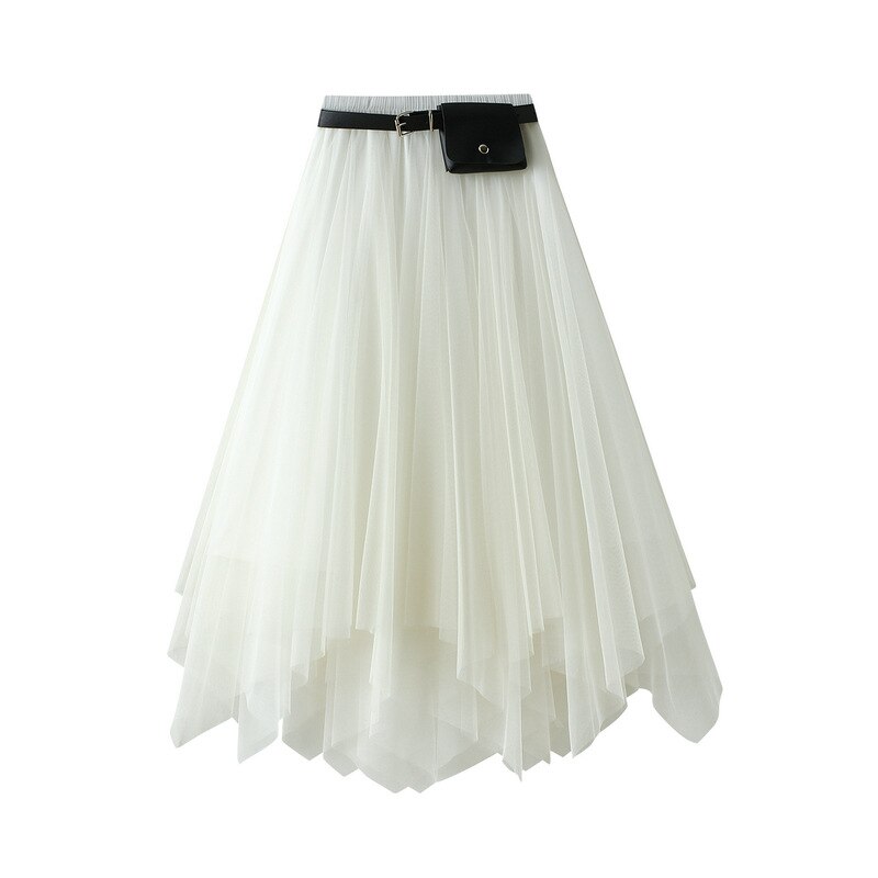 Jupe Tutu mi-longue décontractée pour femmes, couleur unie, taille haute, avec ceinture, poches irrégulières, Simple, élégante, en Tulle, printemps automne, 2022: White
