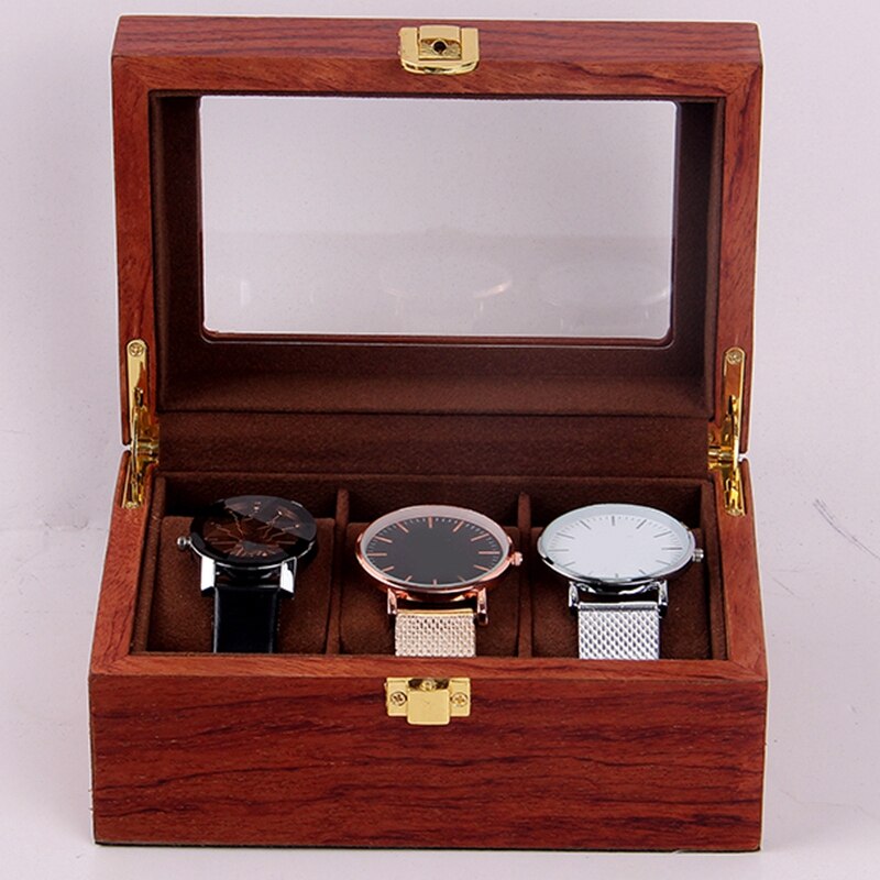 3 Slots Wooden Watch Display Case, Glass Topped Wooden Watch Display Case Watch Jewelry Organizer