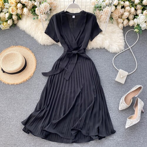 Midi retro Dress Women's Solid Color V-neck Lace-up Waist Slimming over-the-Knee Pleated Dress Office Lady: Black