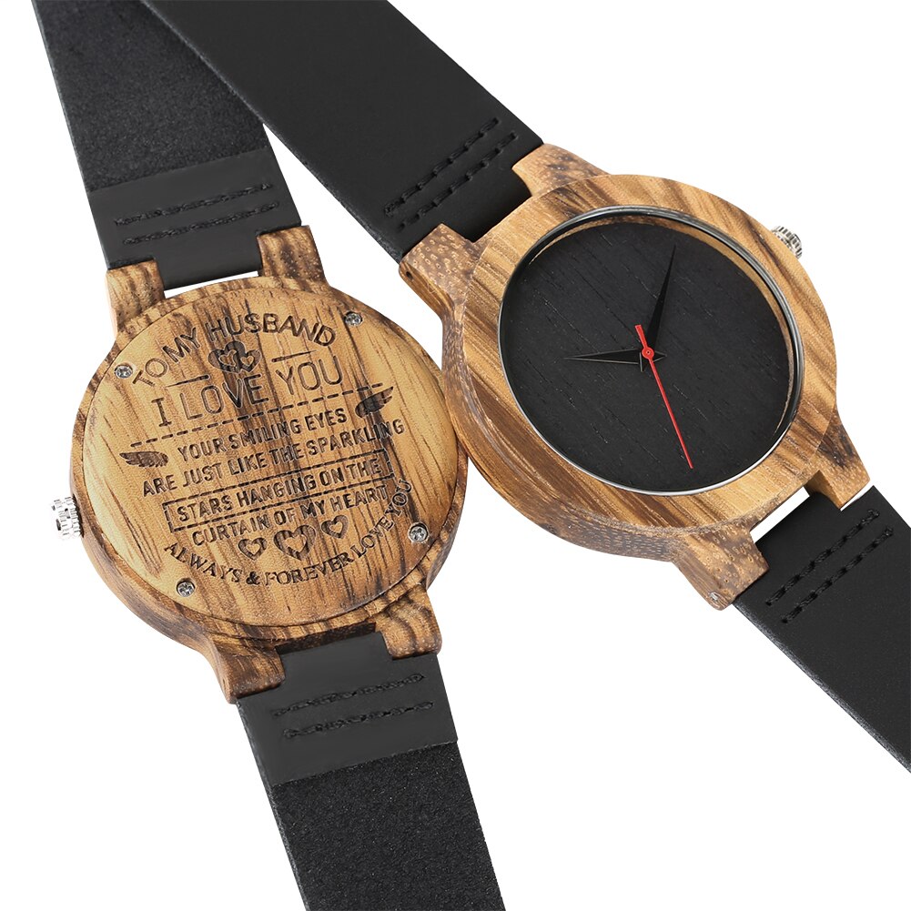 Reloj de madera con correa de cuero, grabado con palabras DIY para mi padre/hijo/novio/marido/mamá, el mejor ,: 2