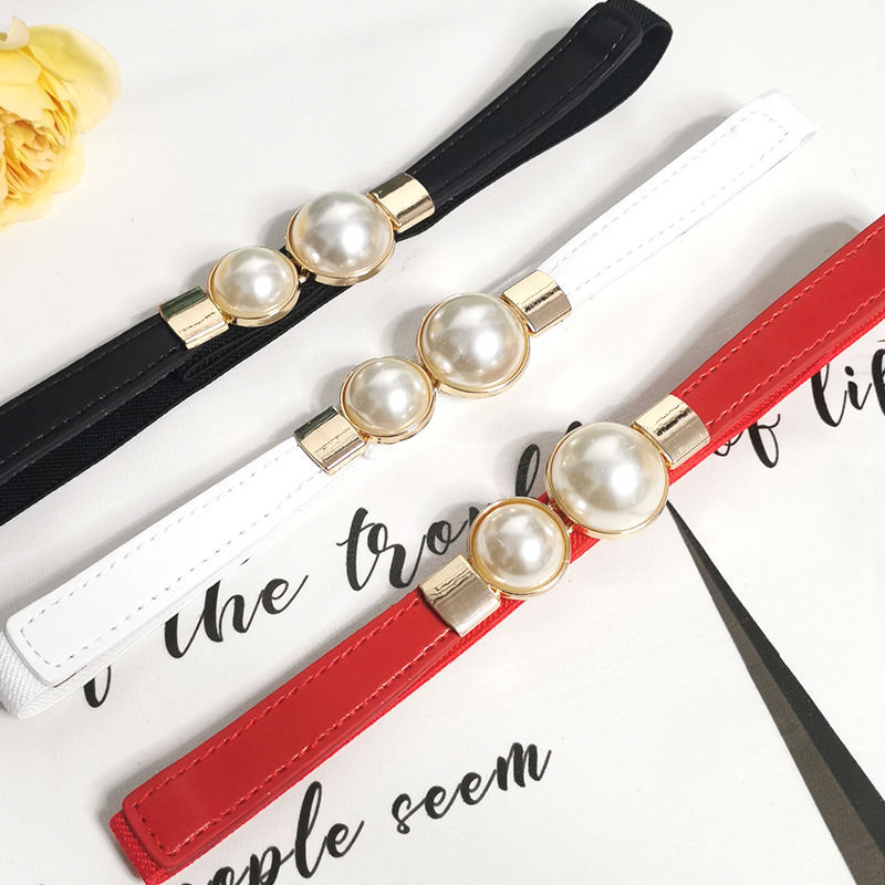 Cinturón de perlas para mujer, faja de cintura elástica con doble hebilla, , accesorios de ropa femenina