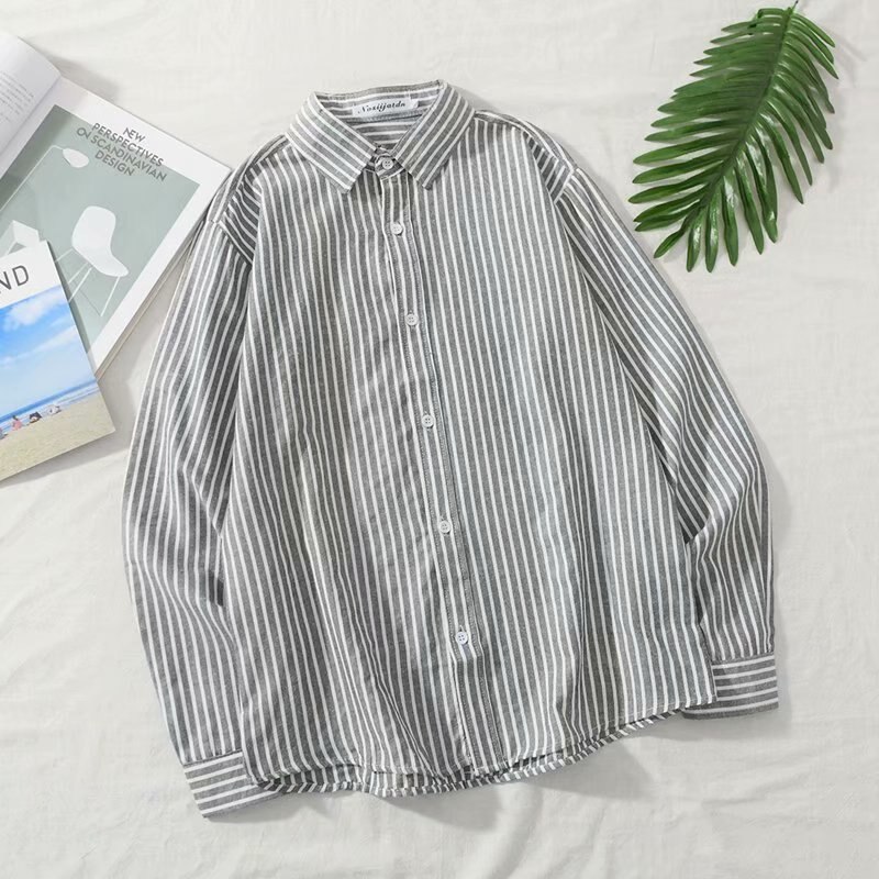Casual Stripes Shirts Men Long Sleeve Plus Size Fashions Clothes Korean Style Clothing Mens Shirt All Match Streetwear Button: Gray / XL