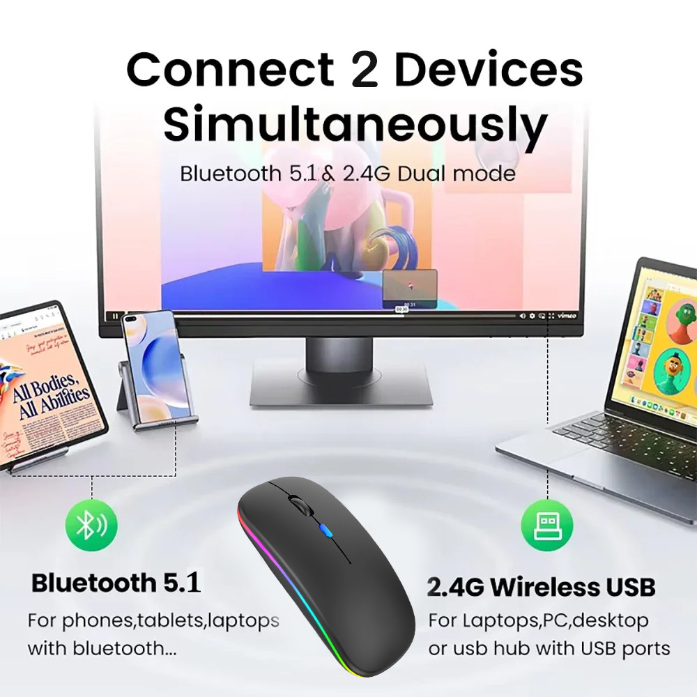 Dual Bluetooth 5,1 Maus 2,4G Drahtlose Maus Wiederaufladbare Stille RGB Hintergrundbeleuchtung Gaming Maus 1600 DPI Mäuse für Laptop Tablet