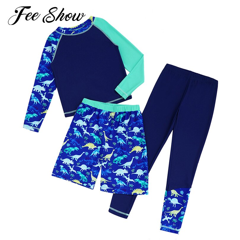 #6-16 Jaar Kinderen Jongens Rashguards Badpak Lange Mouwen Cartoon Dinosaurus Print Tops Broek En Shorts Badpakken strand Badmode