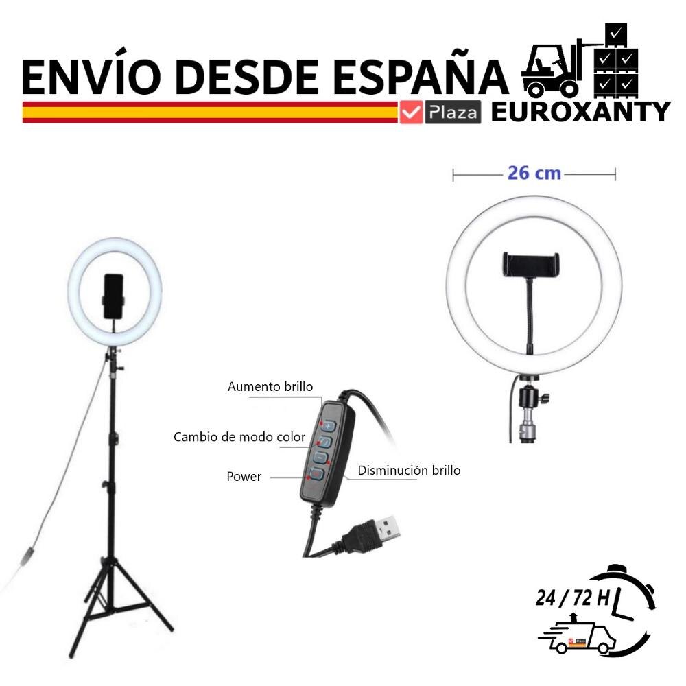 EUROXANTY® Aro de Luz Movil | 26cm 10" | Anillo de luz LED para selfie | Tripode para movil | Aro Luz LED Tripode | Plaza España