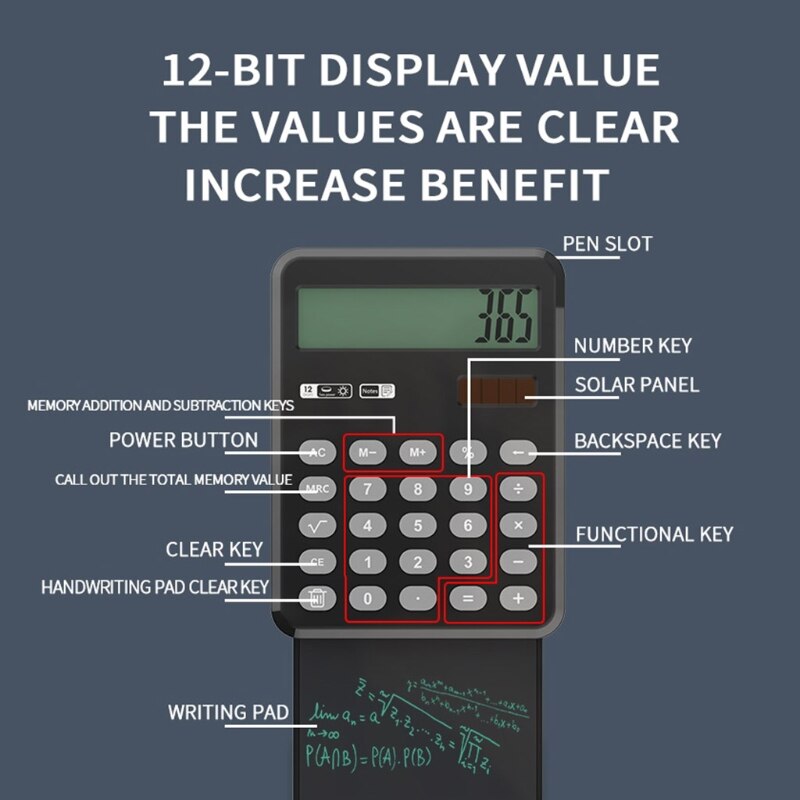 Handwriting Board Calculator Pull-out 12-digit Dual Power Solar Supply Calculator Compact Portable Large-screen