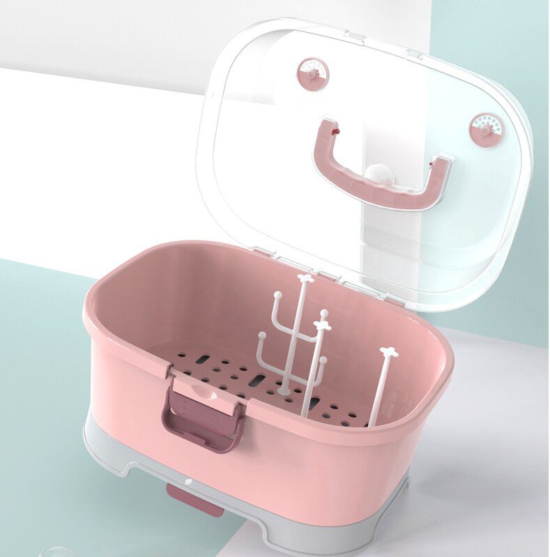 Food-Grade Plastic Milk Bottle Storage Box Bottle Drying Rack with Dustproof CoverBaby&#39;s Tableware Storage Boxes: Pink
