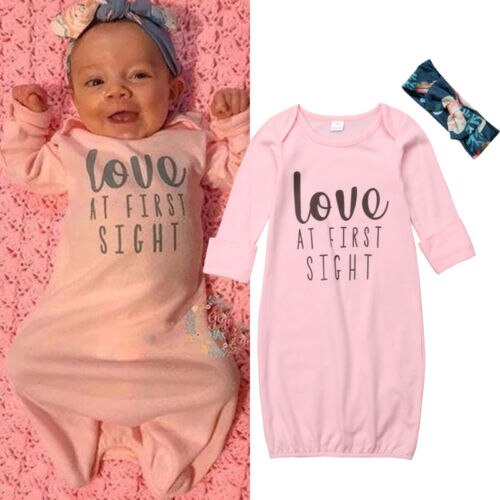 Baby Baby Meisjes Jassen Liefde op het Eerste Gezicht Print Nachtkleding Nightgowns Mitten Manchetten Sleeper Jurken met Hoofdband