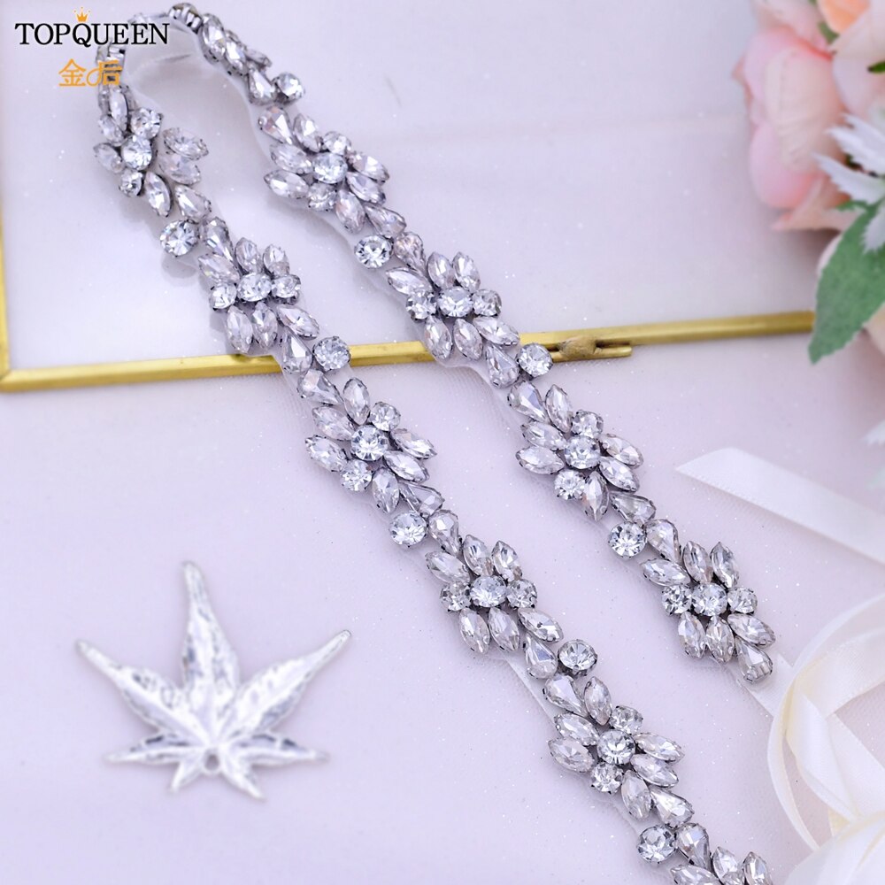 TOPQUEEN-Cinturón de lujo para novia, faja con apliques de diamantes de imitación para vestido de boda, cinturones de joyería, cinturón de Vestido plateado brillante, S437-S