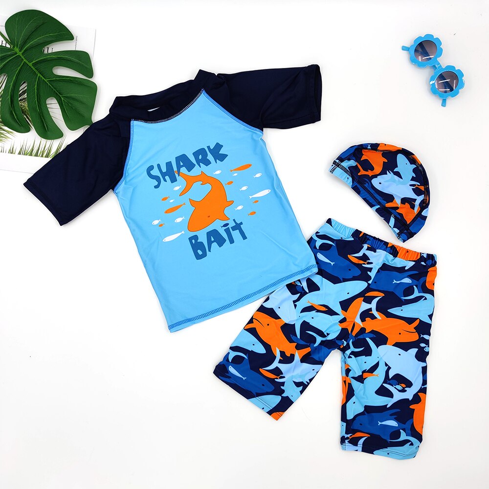 Toddler Swimwear Boys 3 Pieces Children's Swimsuit for Boy Shark Print Short Sleeves Swimming Pool Bathing Suit Beach Clothing