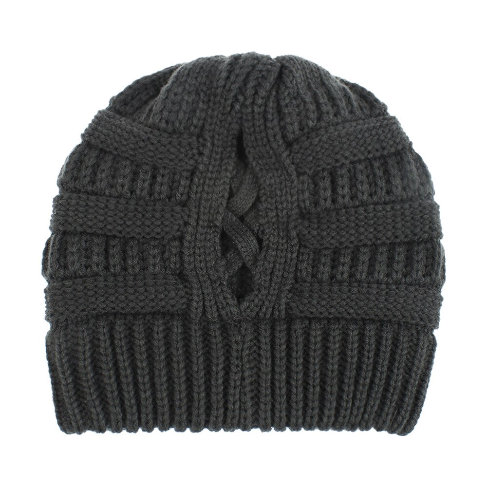 Bonnet queue de cheval pour femme, en coton, doux et extensible, en tricot tête de mort: Dark Grey