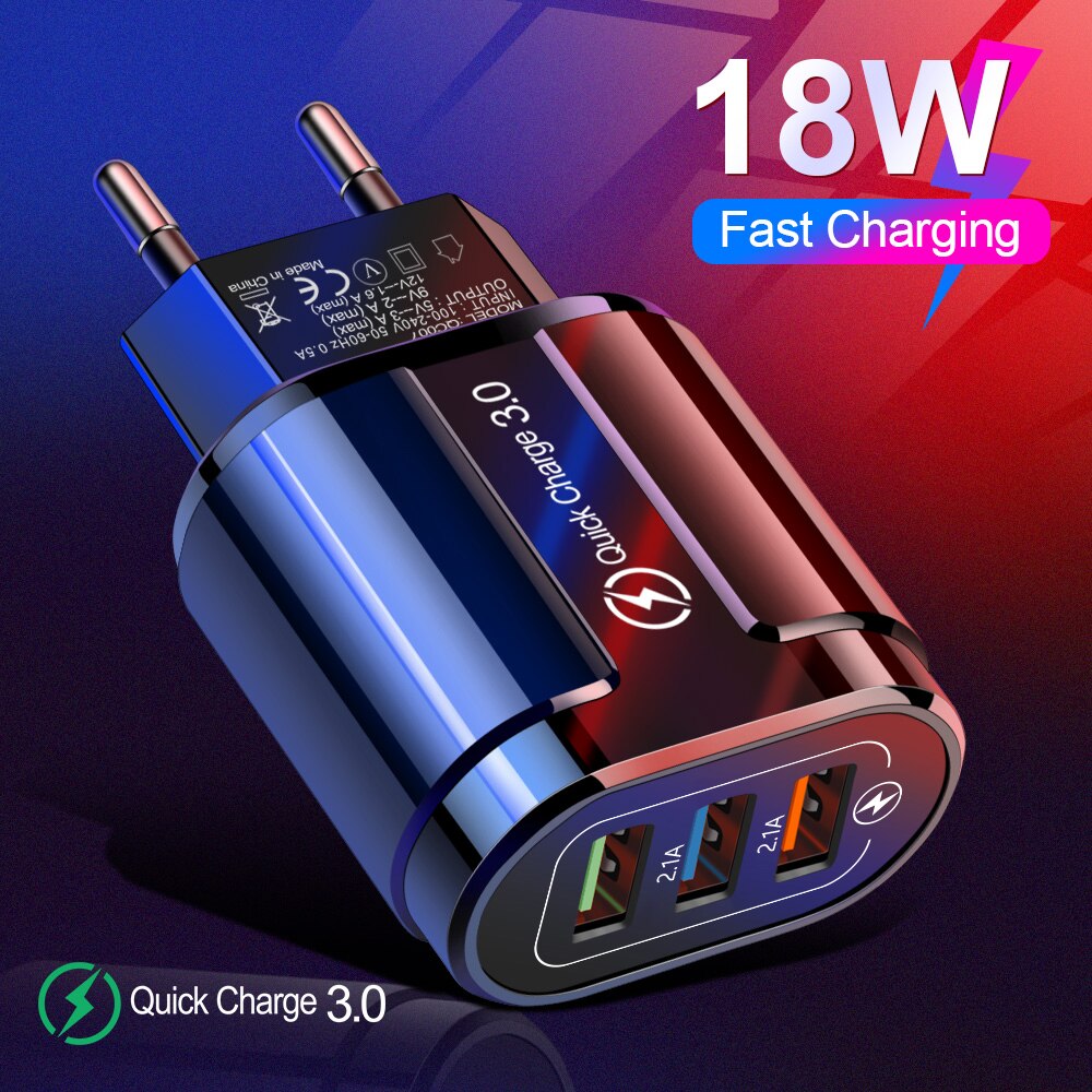 Chargeur mural universel rapide USB 3.0, 18 W, adaptateur de charge rapide pour iPhone, Samsung, téléphone portable, tablette, 3 ports UE/US