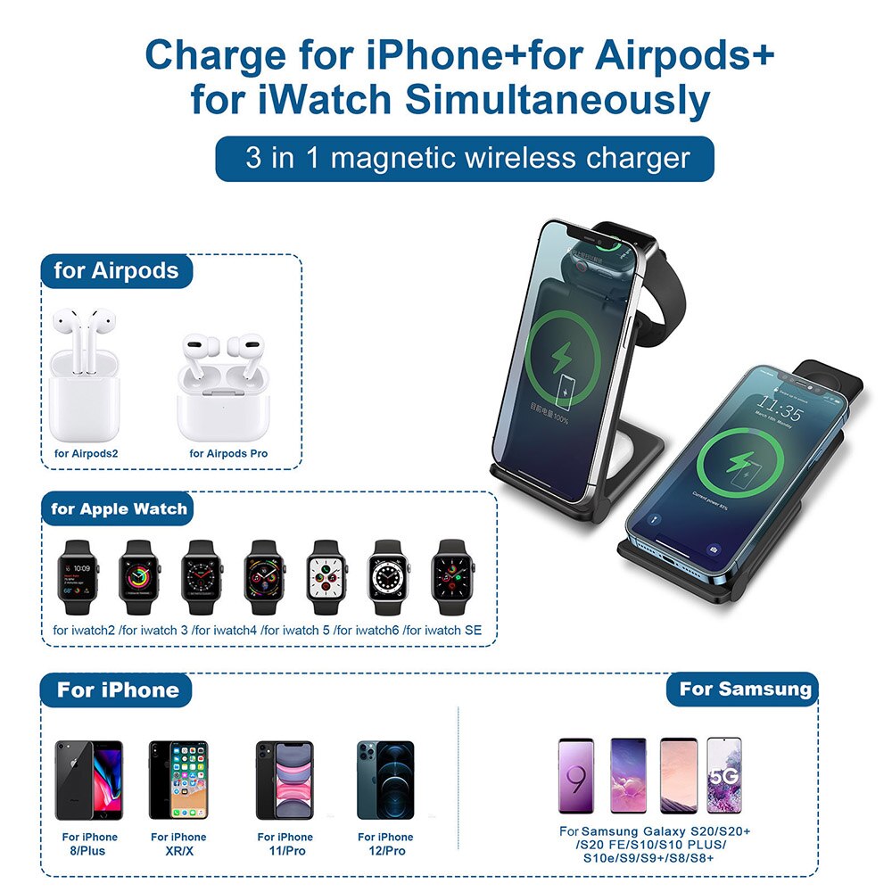 FDGAO-cargador inalámbrico Qi de 15W, estación de carga rápida para Apple Watch 7, 6, 5, 4, iPhone 13, 12, 11, XS, XR, X, 8, Airpods Pro