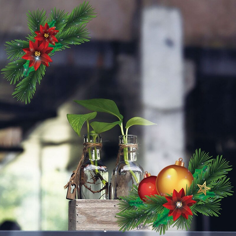 Christmas Green Plant Twig Bell Wall Sticker Simulation Plant Affixed Toilet TV Background Decor Wall Window Decoration Stickers