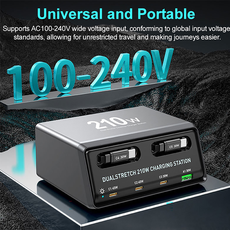 210W 6-in-1 Ladestation mit Einziehbarem USB-C-Kabel Power Combo Tower für Mehrere Geräte Schnellladegerät für iPhone, Airpod
