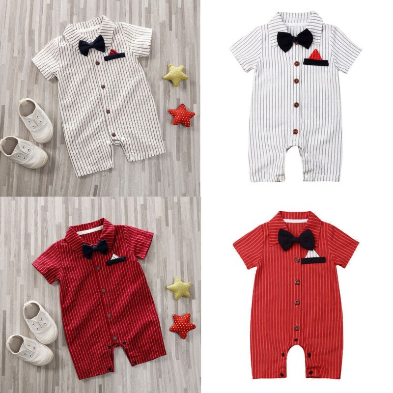 Pudcoco UNS Lager Neugeborenen Baby Jungen Formale Kleidung Party Bogen Strampler Kurzarm Striped Drehen-unten Kragen Overall Outfits set