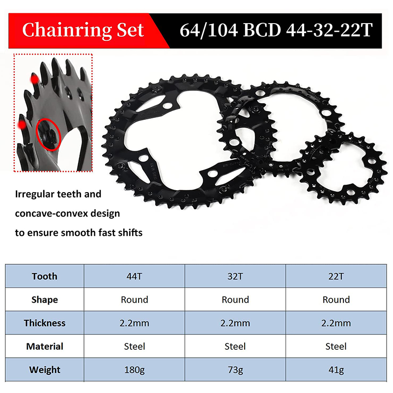 BUCKLOS 104/64 BCD plato de bicicleta 22T 24T 26T 32T 38T 42T 44T MTB plato 9S 10S rueda de cadena de bicicleta de montaña piezas de bicicleta