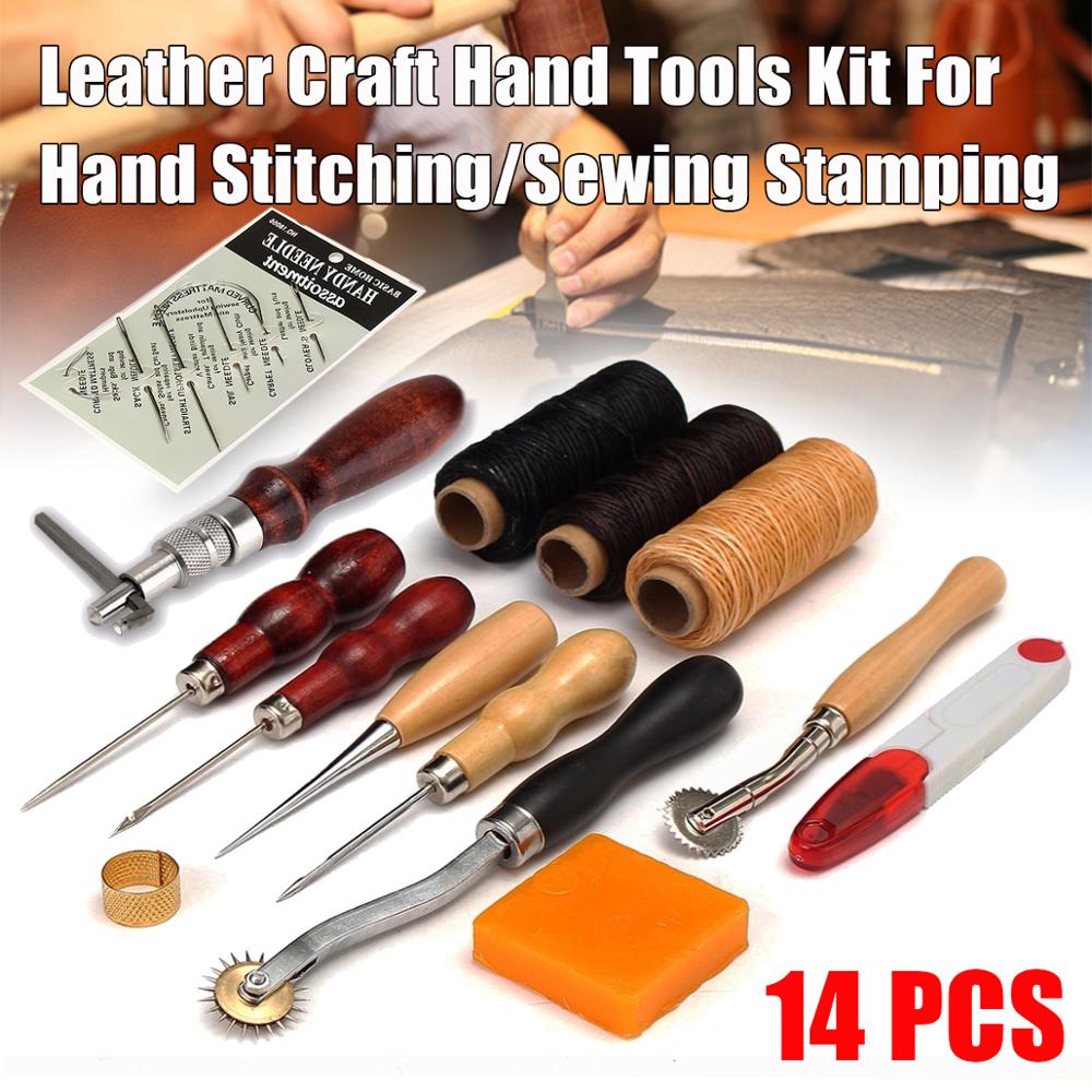 Leather Craft Tools Kit Home Hand Sewing Stitching Punch Carving Work Saddle Leathercraft Accessories: 14 Pcs