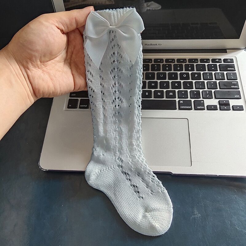 freundlicher Socke BöGen königlich Stil Mädchen Knie Hohe Socken Baby Kleinkind Bowknot in Rohr Socken freundlicher Aushöhlen Socke Süssigkeit Farben: grau Blau / XL (5 zu 7 Jahre)
